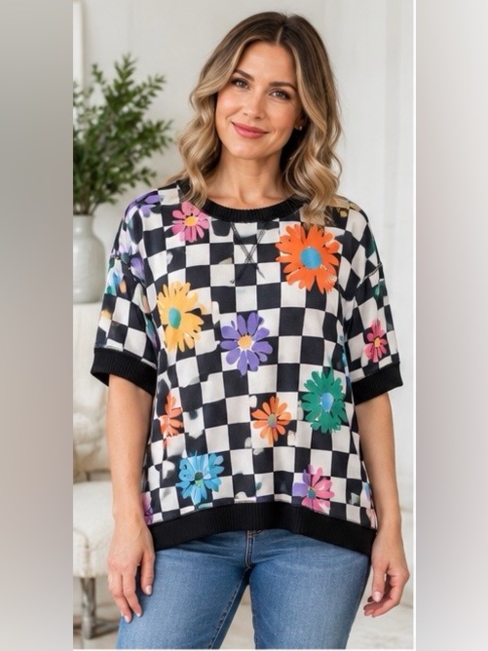 HEIMISH USA Black & White Checkerboard Floral Short Sleeve Top NWOT